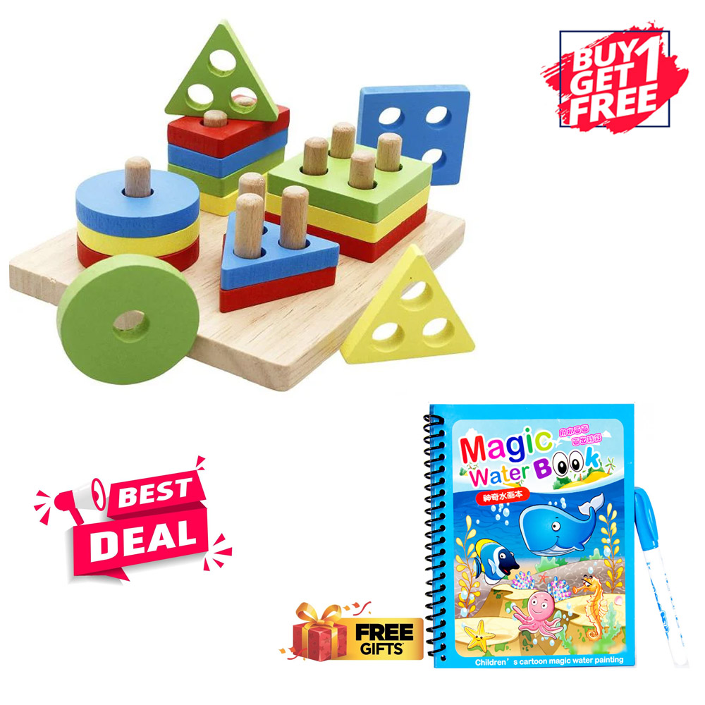 (By 1 Get 1 Free) Lewo Wooden Puzzle Toddler Toys Shapes Sorter Preschool Geometric Blocks Stacking Games for Kids Geometric Shape Sorter Wooden Puzzles Teaching Geometric Shape Cognitive Matching Toys colorful