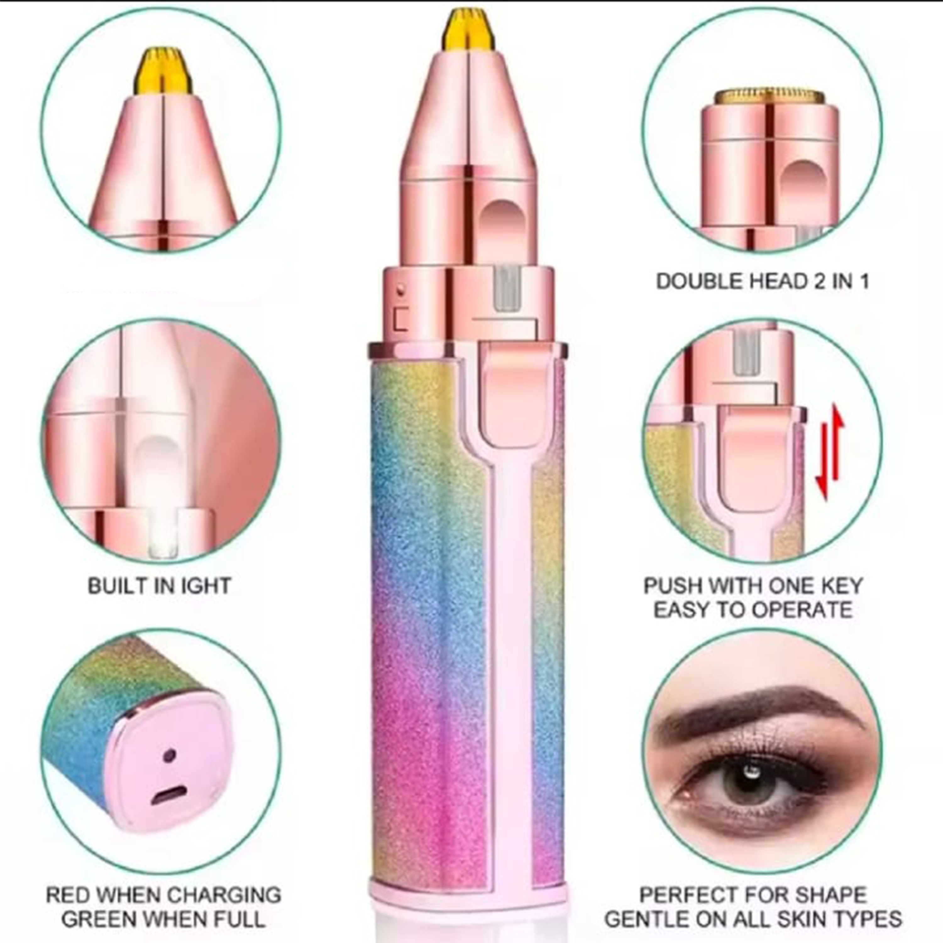 2 in 1 Painless Facial Hair Remover for Women, Rechargeable Electric Eyebrow & Face Hair Trimmer with LED Light, Portable Hair Removal Machine for Upper Lip, Chin, Legs, Armpits & Bikini Area, USB Charging