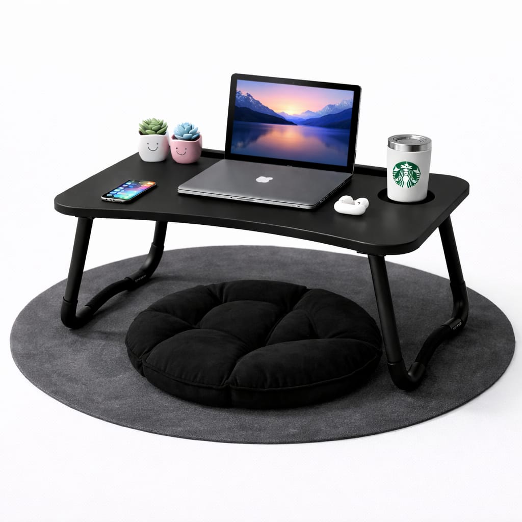 Wooden Gaming Laptop Table For Bed Foldable Stand Ergonomic Portable Drawing Notebook Reading Breakfast Serving With Inbuilt Tablet And Cup Hold Slots Couch Black Brown Beige. Floor Gaming Computer 0.75 Inches Thick Wood. High Quality Stand