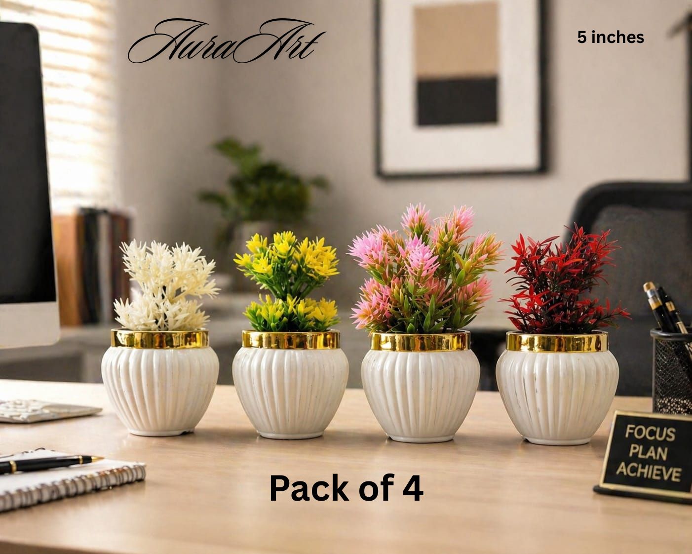 Pack of 4 mini artificial plants decoration pieces with white pots. Best for room, office and home decoration.