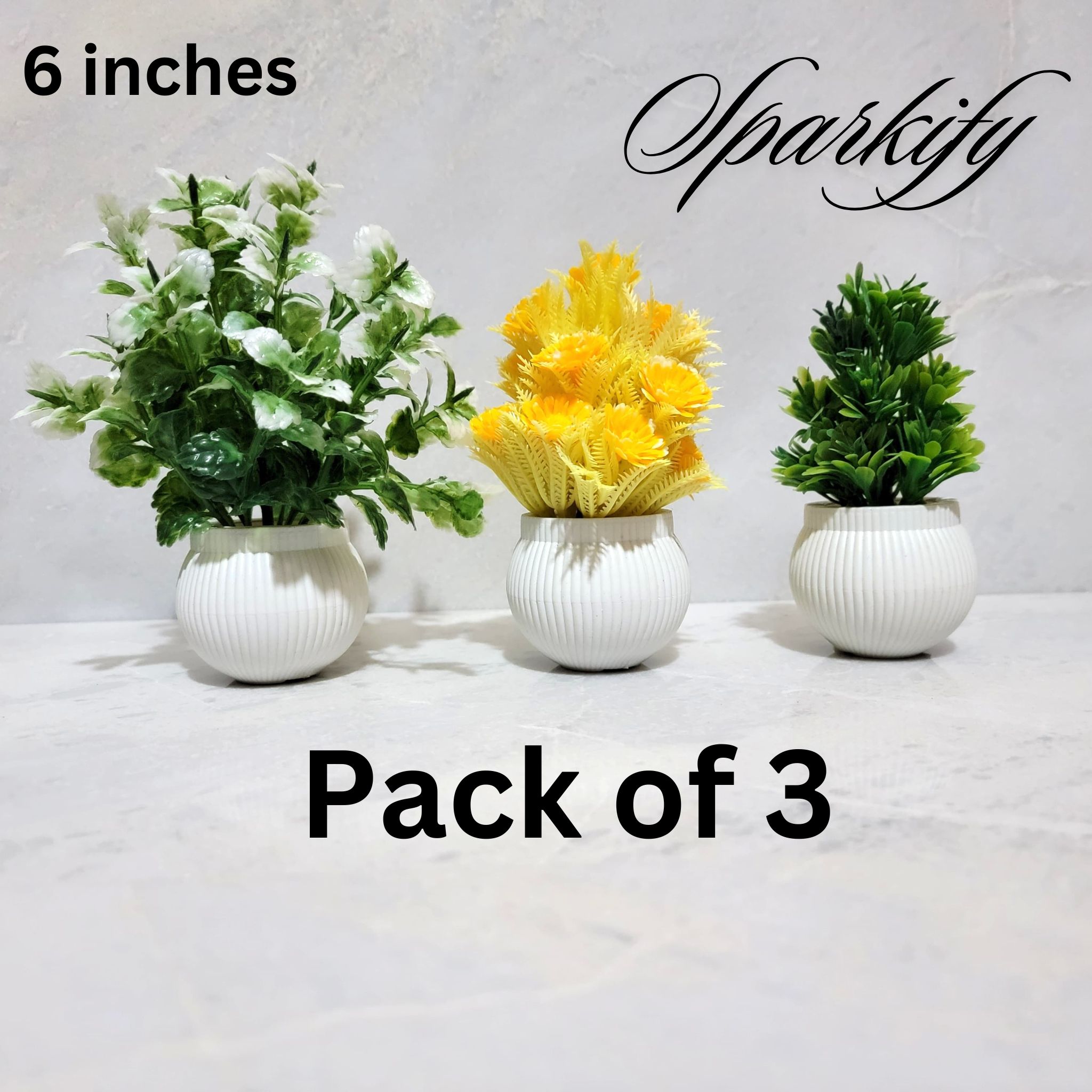 Pack of 3, 5 Artificial Small Plants - 6 Inches High Quality Table Top Decor in White Pots