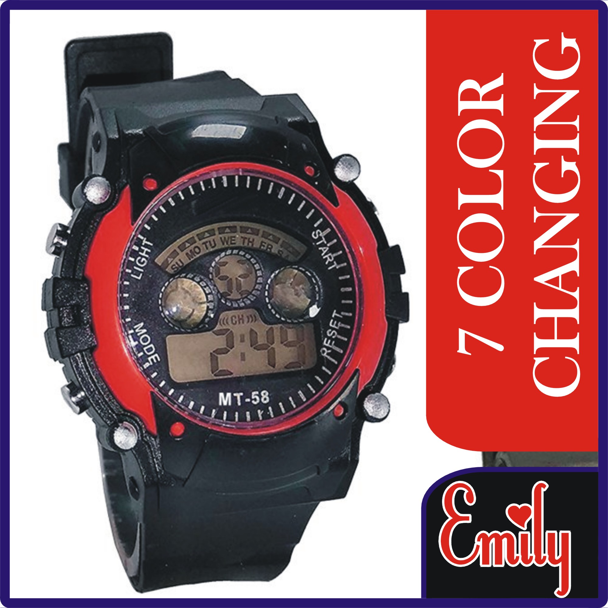 Emily Special 7 Colors Changing Light Sports Watch For Kids and men - Black color watch with multicolor frame lines