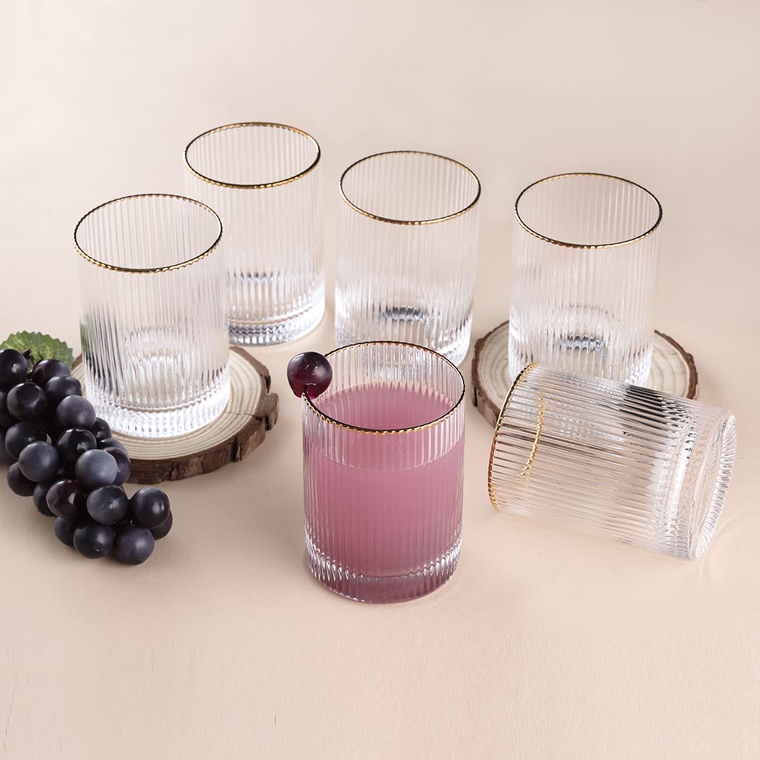 Drinkware Glass Set Of 6 Pcs – Ridged Stripe Gold Rim Glassware Set
