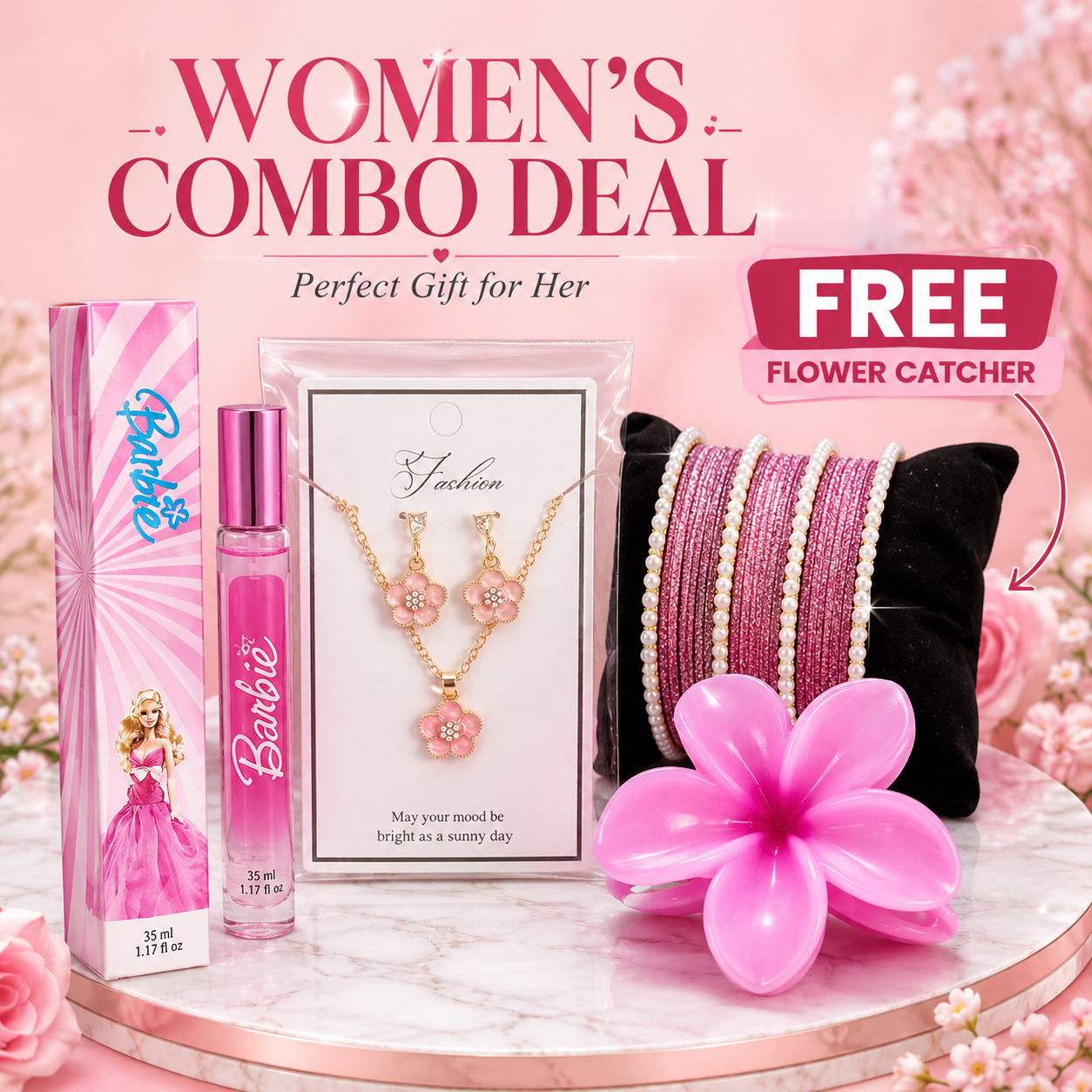 Perfect Gift Combo Set for Her – Bangles, Necklace & Earrings, Perfume & Flower Hair Catcher with Gift Box