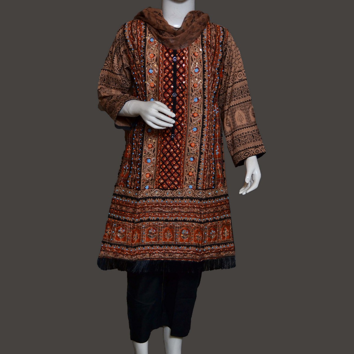 Embroidered With Beads With Print Stitched Dress For Girls