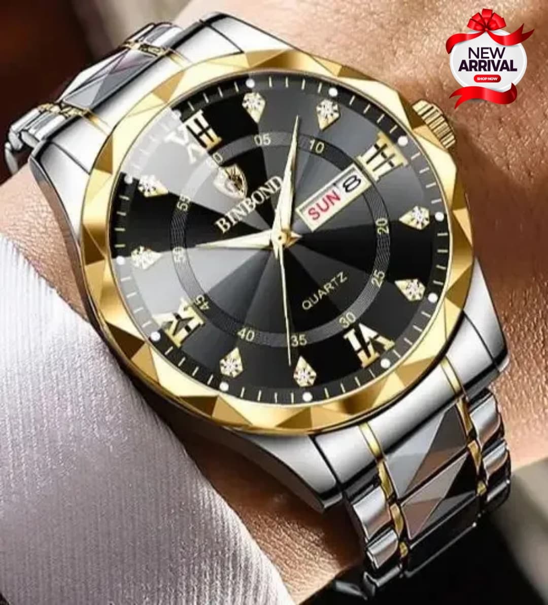 BINBOND Watch for Men Stainless Steel Quartz Watch Business and Casual Style Silver Dual-Tone Date Function