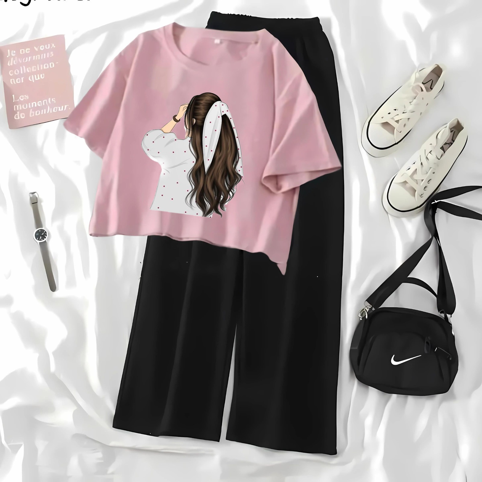 Elegant Women's Tunic Set with Graphic Print Top and Wide Leg Pants