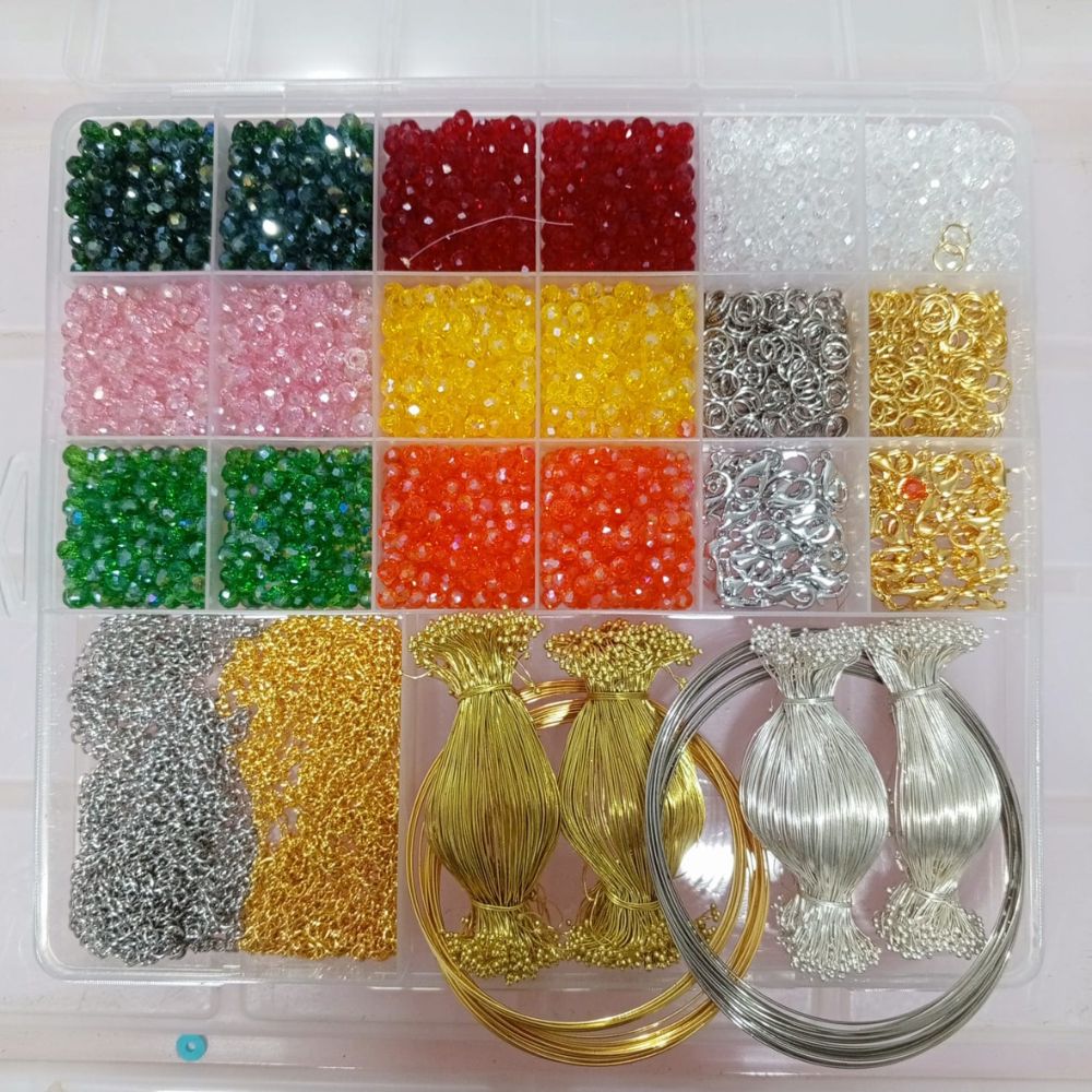 Complete DIY Bracelet Gajra & Jewellery Making Kit for Girls 4mm Crystal Beads + Memory Wire + Golden Beading Wire + Jump Rings & Lobster Clasps Bracelet Gajra & Jewellery Accessories Set With Big Box By Flex Cart