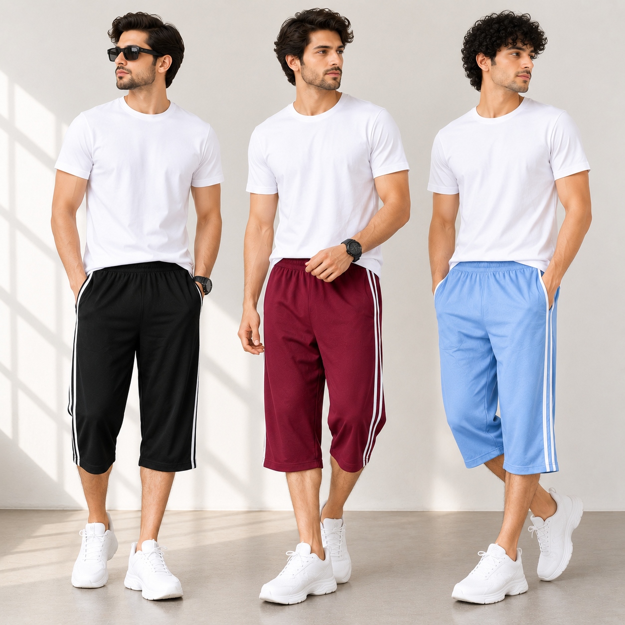 Faiz Garments | Pack Of 3 Premium Jersey 3 Quarter Shorts for Men – Lightweight Sports & Daily Wear