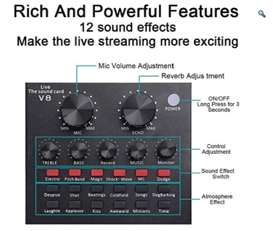 Mini V8 Sound Card & V10 Sound Card Bluetooth Audio Mixer & Voice Changer - 12 Sound Effects Lithium Rechargeable Battery - For Live Streaming & Broadcasting & Podcast - Compatible With PC Computer  - Black
