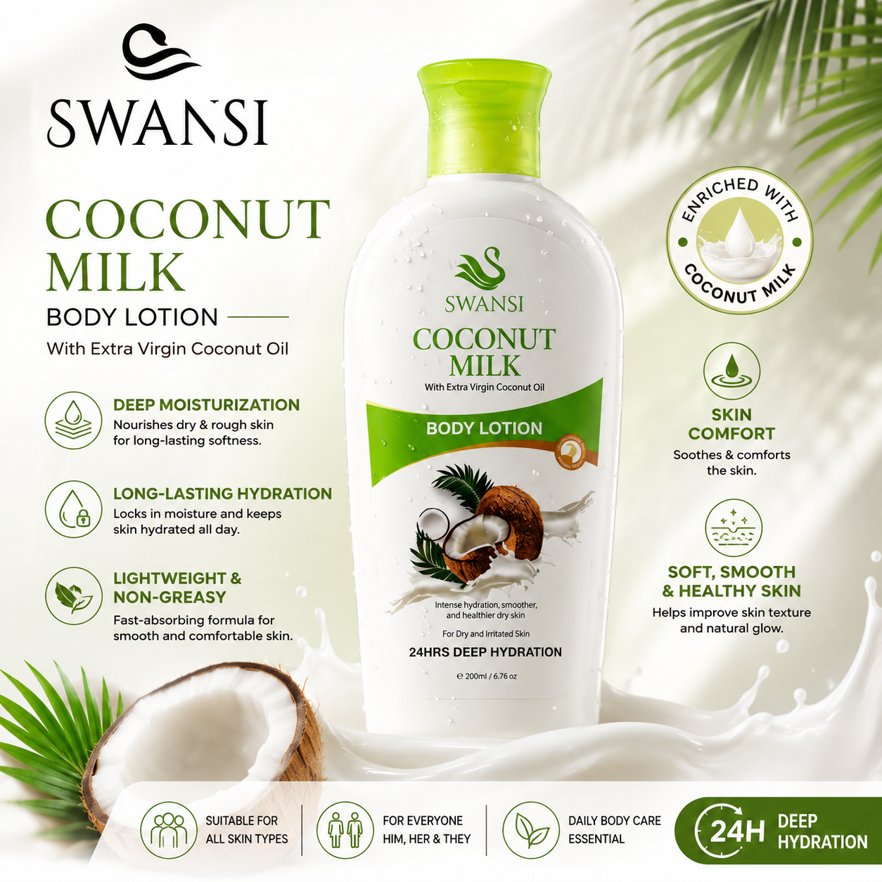 Swansi Coconut Milk Body Lotion 200ml for Long-Lasting Hydration | Deep Moisturization & Skin Comfort | Fast-Absorbing Daily Body Care