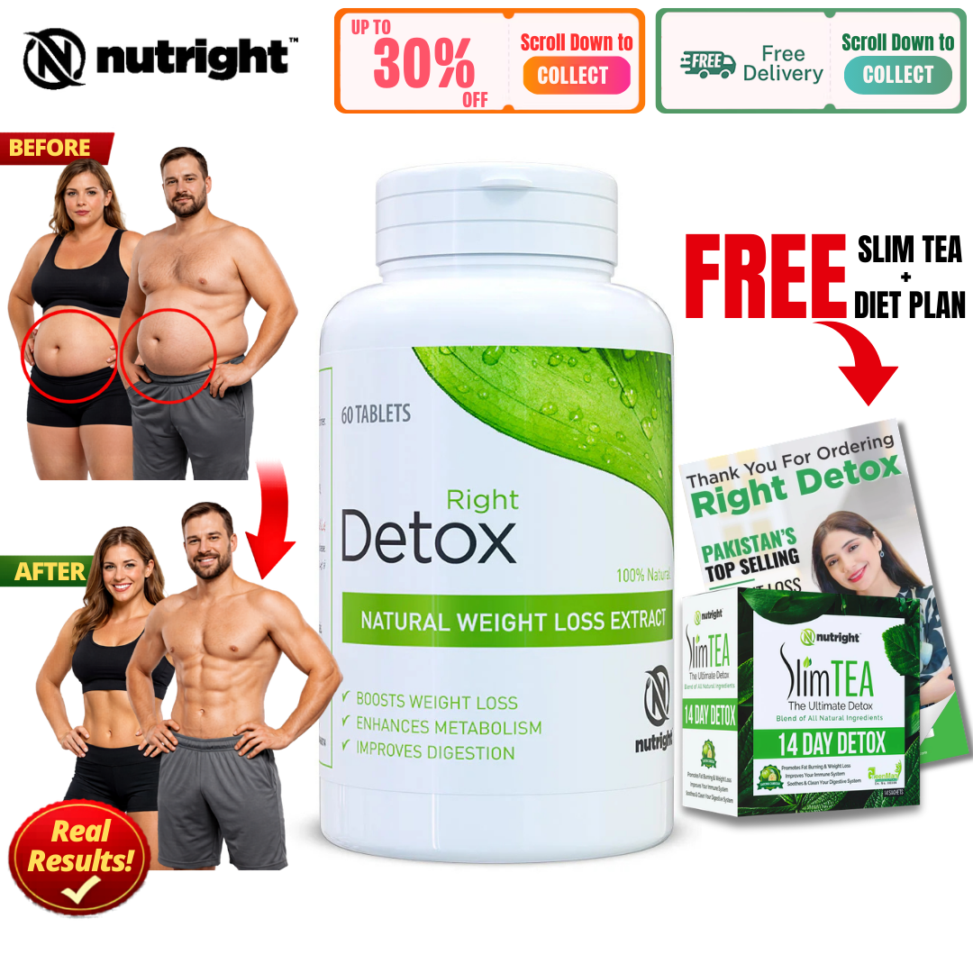 Nutright Detox Tablets | 100% Organic Herbal Weight Loss Extract | Boost Metabolism & Digestion | Free Slim Tea 14-Day Detox | Zero Side Effects | Natural Fat Burner | Boost Metabolism | Improve Digestion | 60 Tablets