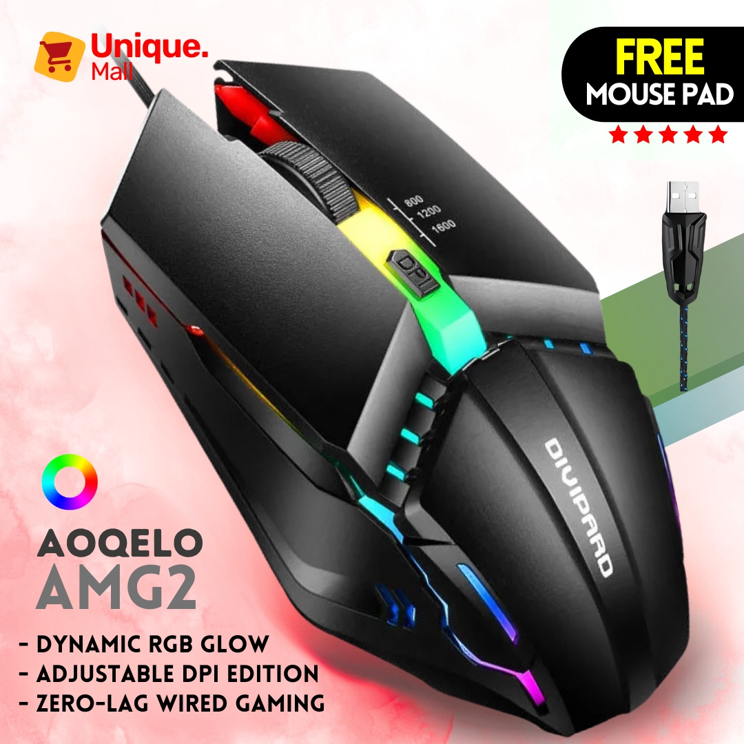 AMG2 RGB Gaming Mouse with FREE Mouse Pad | Cheap & Durable, USB Wired Optical Mouse | 7 LED RGB Backlit Color Effect | High-Precision Sensor Mouse for PC, Laptop, Desktop, Office, Minecraft, Mobile PUBG, Free Fire, COD | By UNIQUE MALL. price in Pakistan