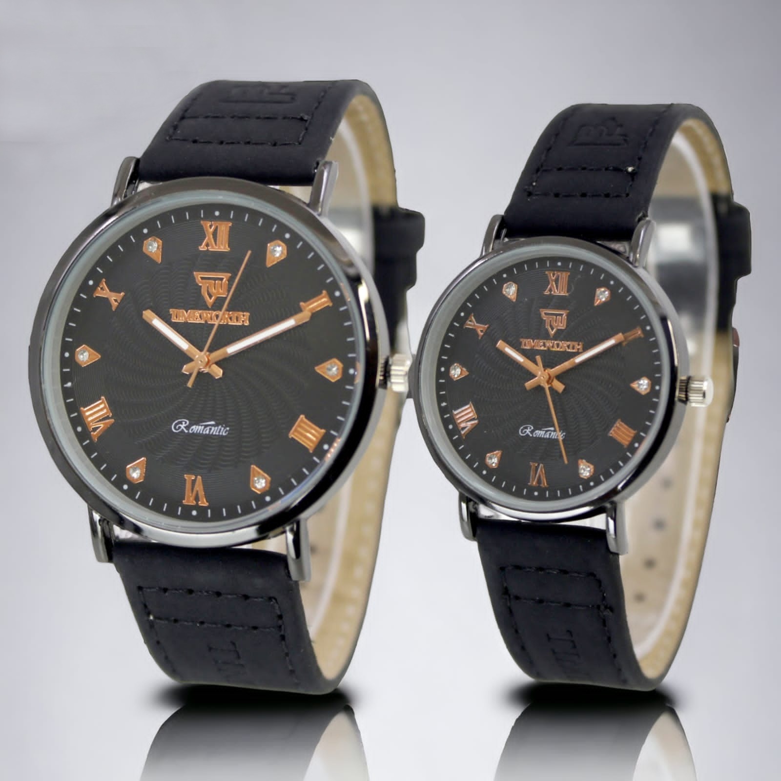 Fashionable Watches pack of 2 Precious Look Casual/Formal Round Black Premium Artificial Leather Watch For Couple, Couple Watches