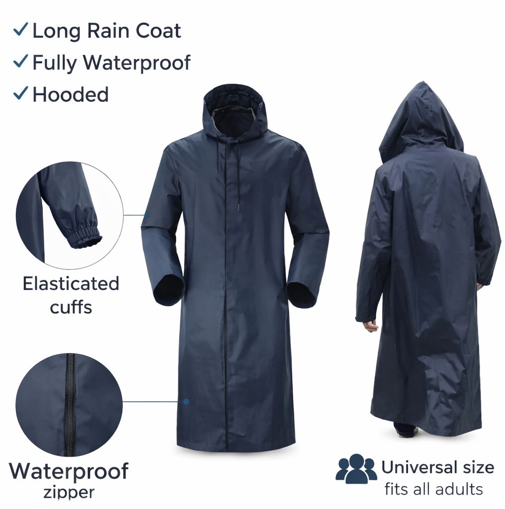 Rain Coat Barsati Rain Wear for Men | Long Rain Coat for Bike Riders | 100% Waterproof Rain Suit Barsati | Hooded Rain Coat for Men with Waterproof Zip & Elastic Sleeves | Durable Rubber-Coated Fabric | Best Barsati Rain Suit for Bike | Universal Adult Si