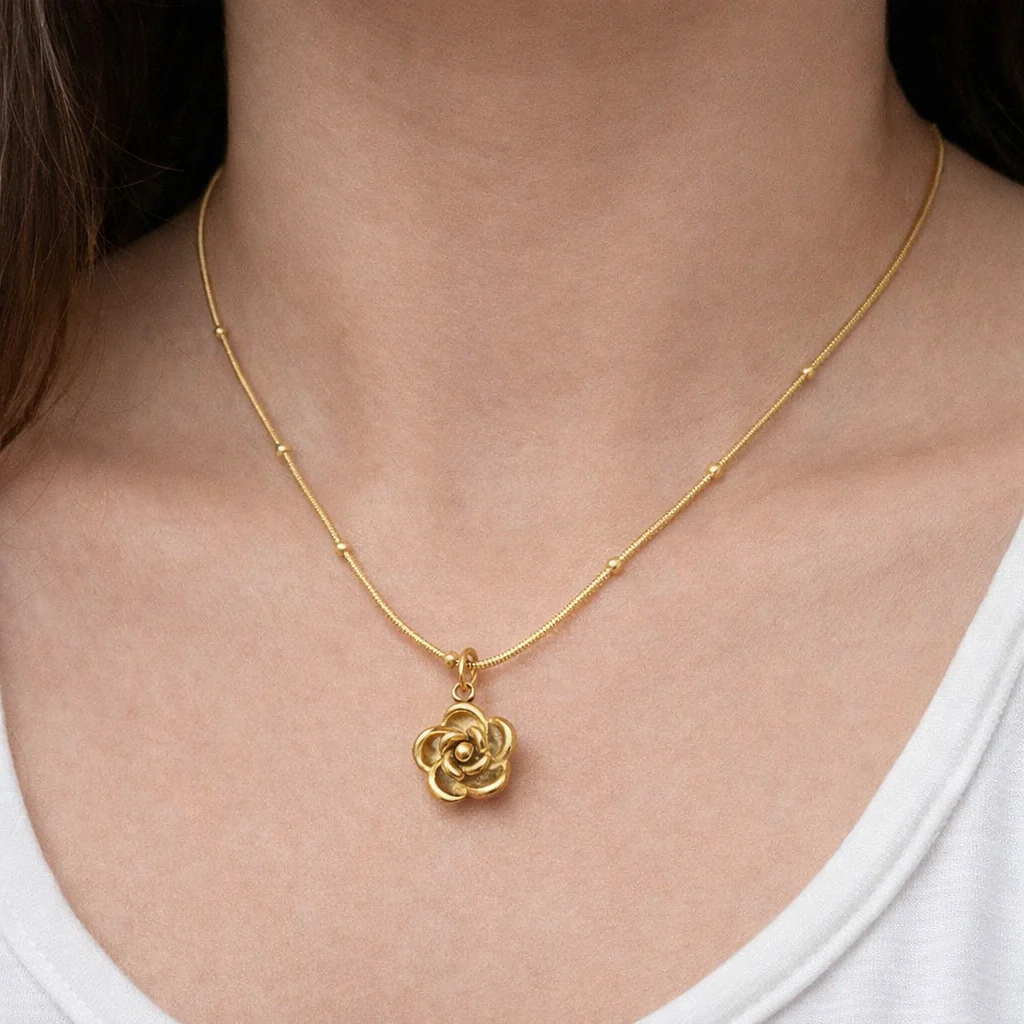 Luxury Rose Flower Pendant Necklace for Women | Stainless Steel Ball Chain Necklace | Anti Tarnish Jewelry