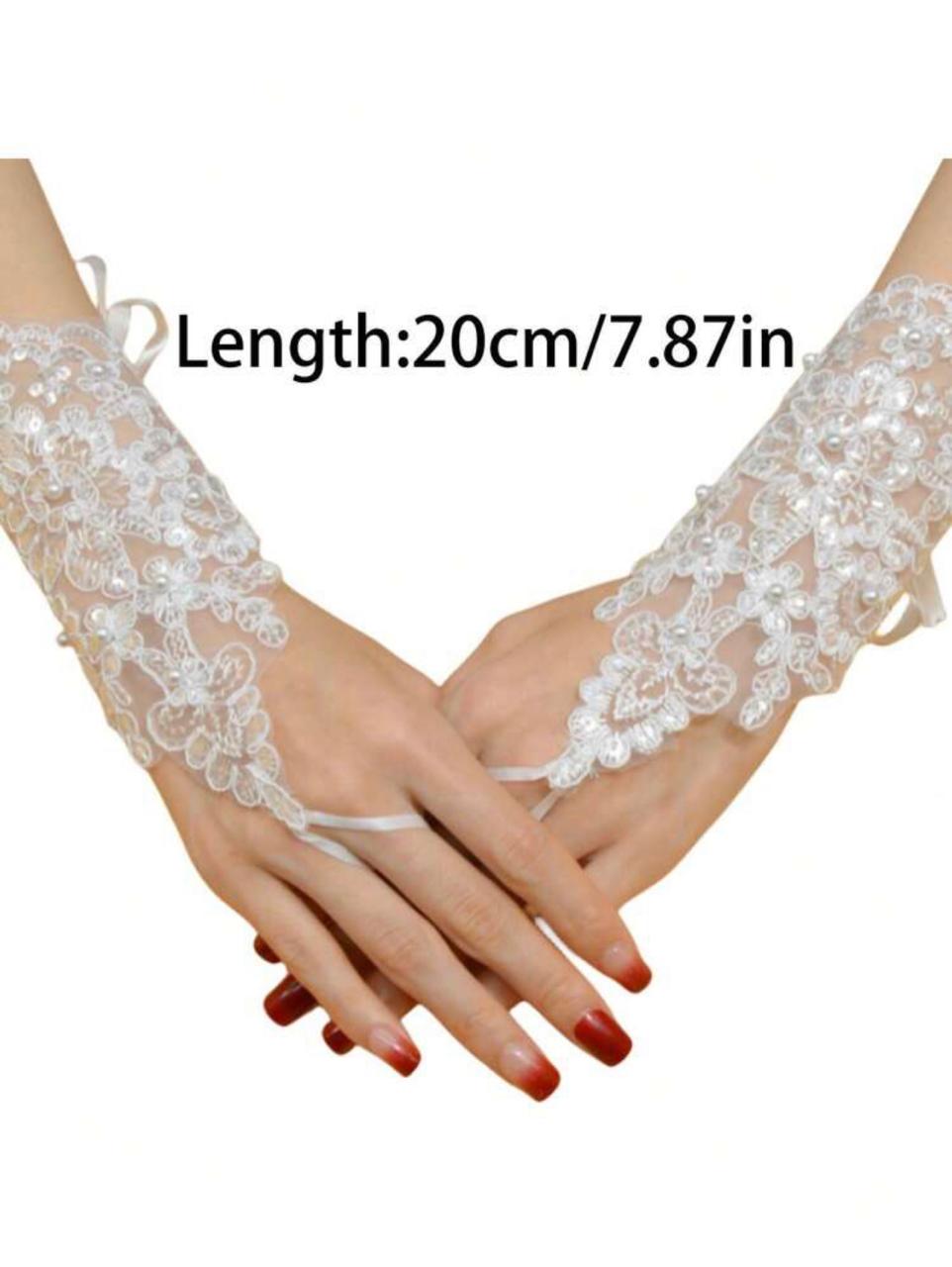 1 Pair Lace Fingerless Bridal Wedding Gloves For Girls Adjustable Faux Pearl Decor Short Gloves - Stretchy Polyester Material - Perfect For Bridal Wedding /Party