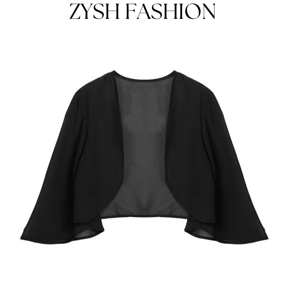 ZYSH FASHION Womens 3/4 Sleeve Chiffon Cardigan Bolero Jacket Wedding Party Bridal Dress Cover Ups Wraps Shawls Cropped Length PashminPullover Comfortable Winter Blacka