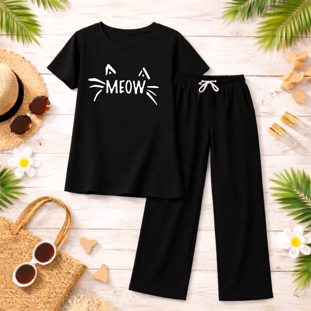 MK Garments - Meow Printed Girls 2 Pcs Set Soft Jersey Half Sleeves T-Shirt & Black Trouser Comfortable Sleepwear Nightwear Casual Home Wear for Girls