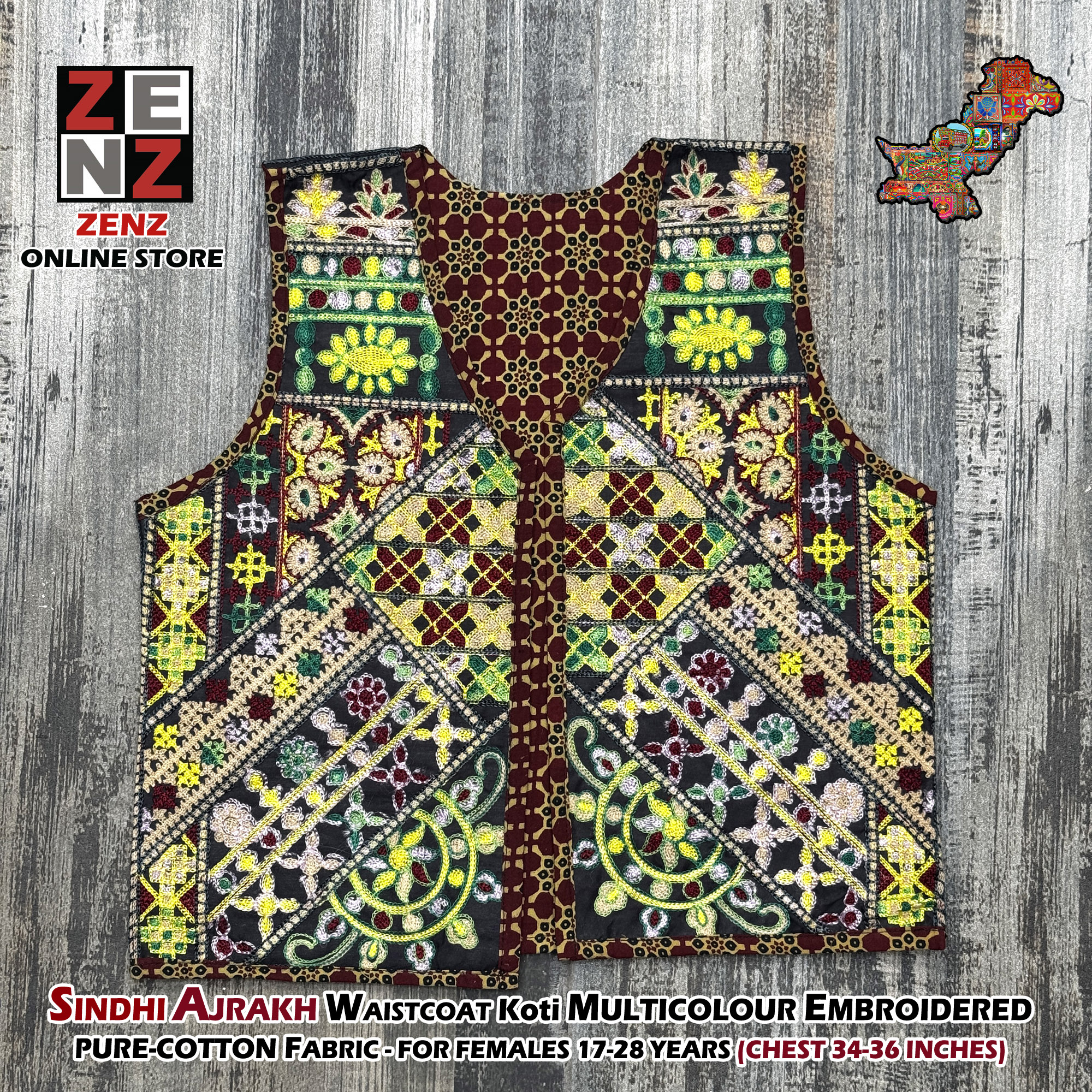Sindhi Ajrak Traditional & Cultural Party Wear Embroidered Cotton Gilet Waistcoat Koti for Females Girls Women by ZENZ