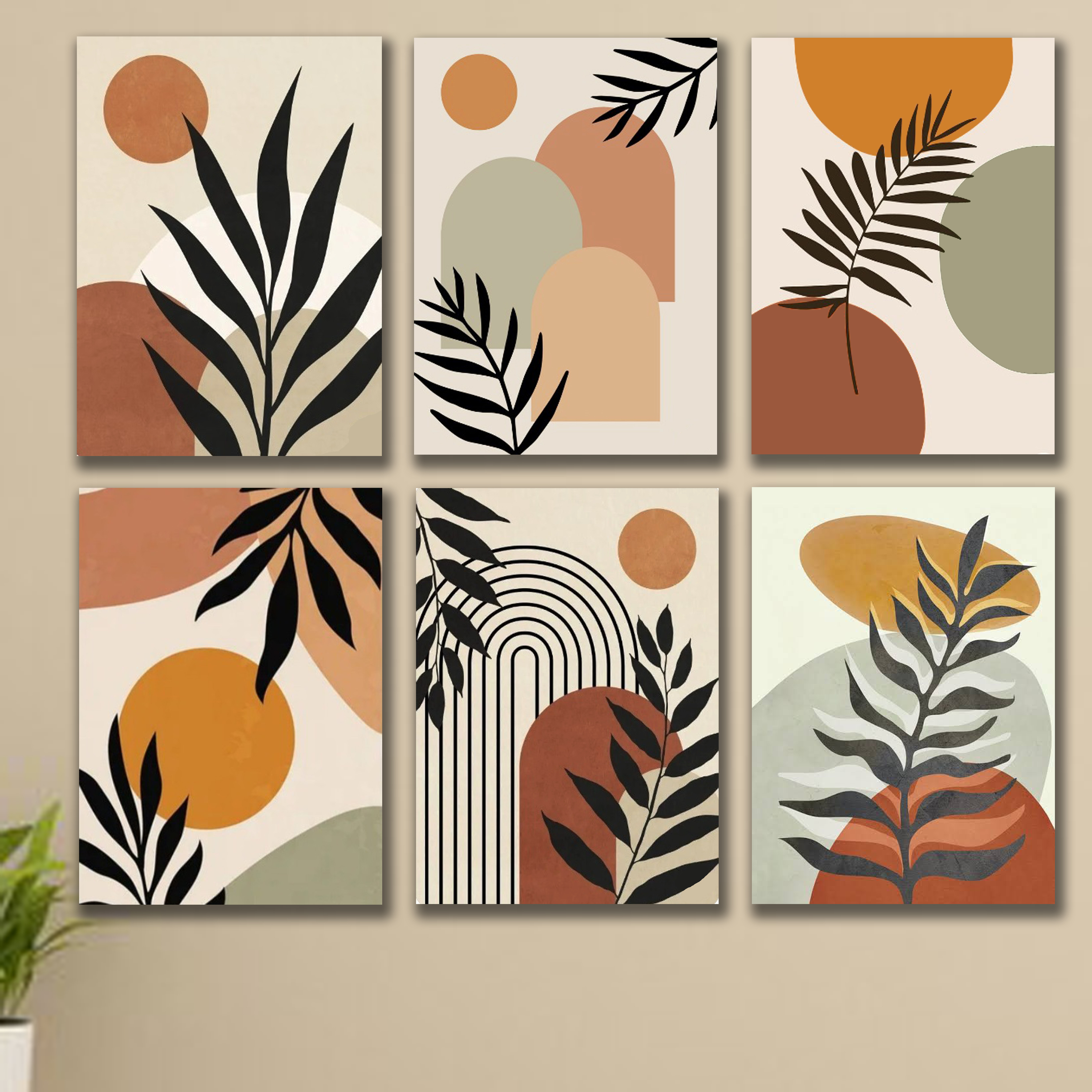set of 6 aesthetic boho abstract art wooden frames for wall decoration / sticky photo tiles