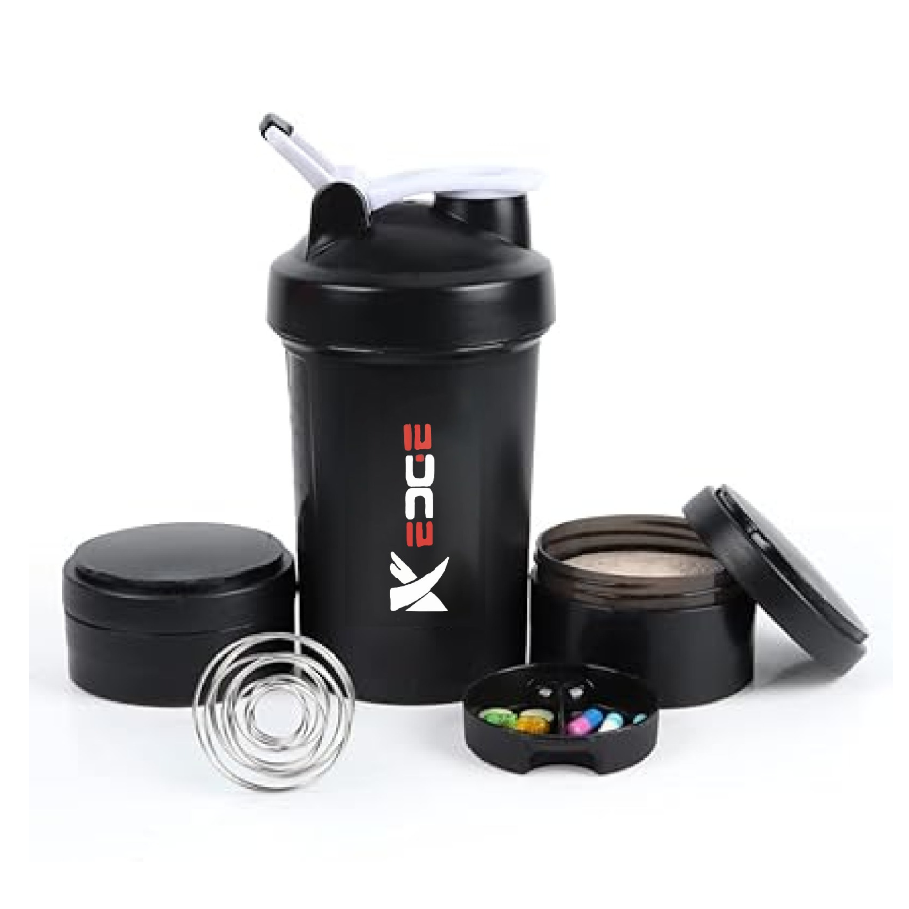 3-in-1 Spider Protein Shaker Bottle Sports Gym Water Bottle Multi-Purpose Sports Shaker with Extra Supplement and Pill Capsule Storage Bottle -500ml. Fitness Zone