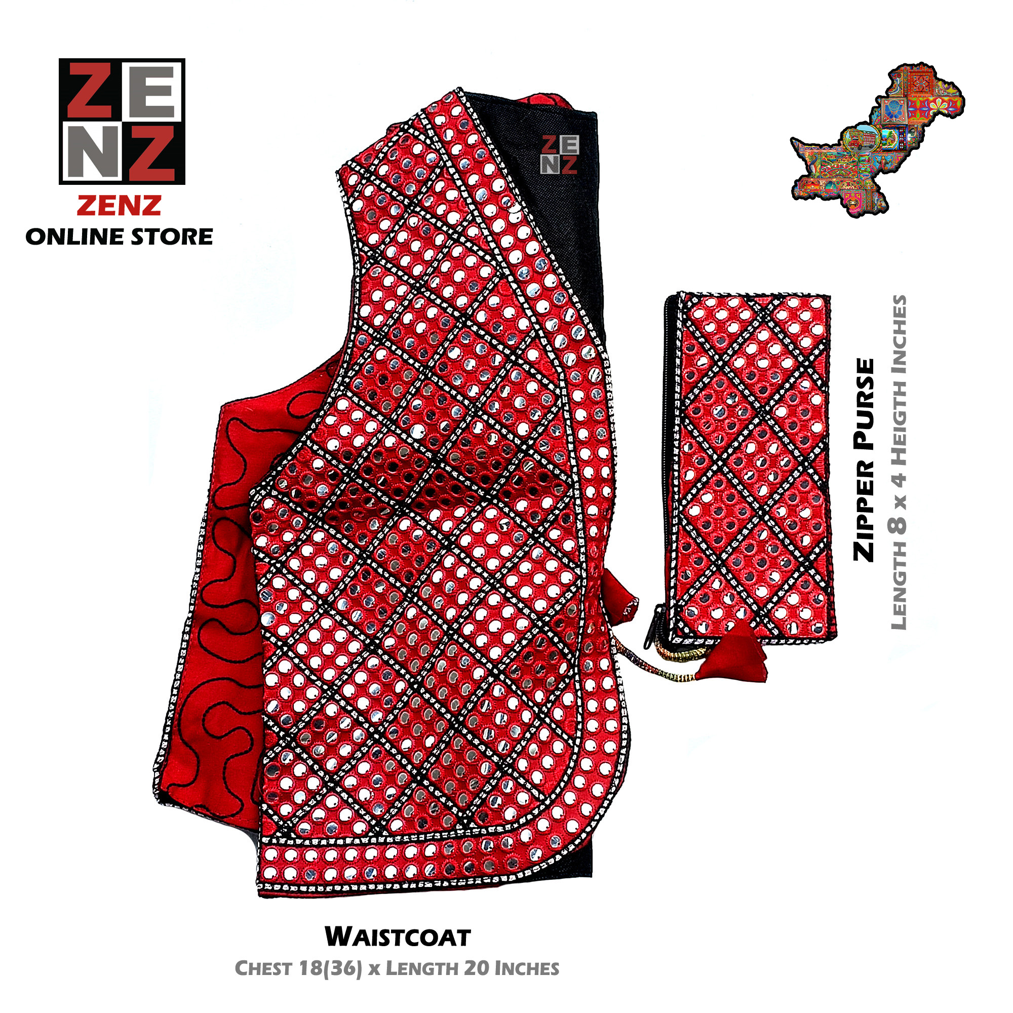 2 Pc Sindhi Embroidery Red Waistcoat Koti & Purse Combo Set Vintage Pakistan Traditional Wear Fashion by Zenz Online Store Islamabad