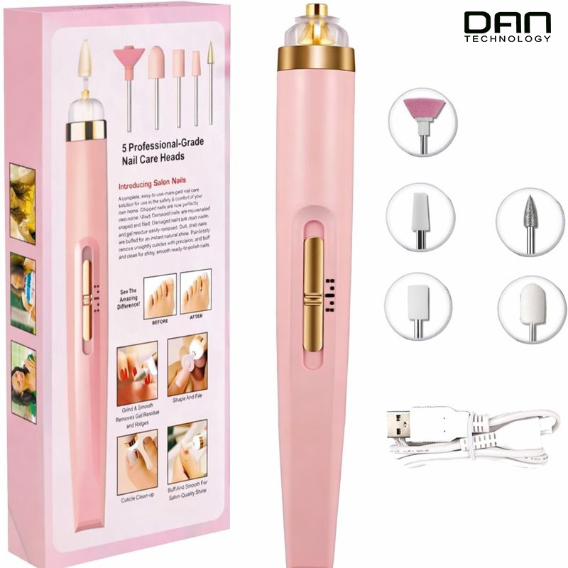 DAN TECHNOLOGY USB Electric Nail Drill | Professional Nail File Kit with Adjustable Speed, LED Light & 5 Drill Bits | Manicure & Pedicure Tool for Salon & Home Use