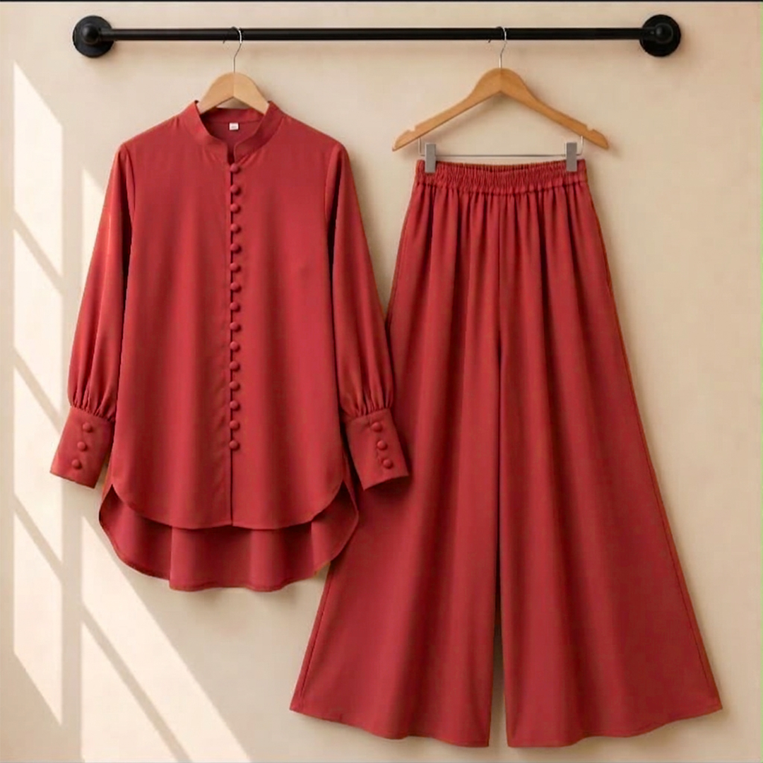 TRENDZ.PK Women's Trendy 2 Piece Co-Ord Set - Solid Color Button Down Kurta with Wide Leg Palazzo Trouser Suit TS-35