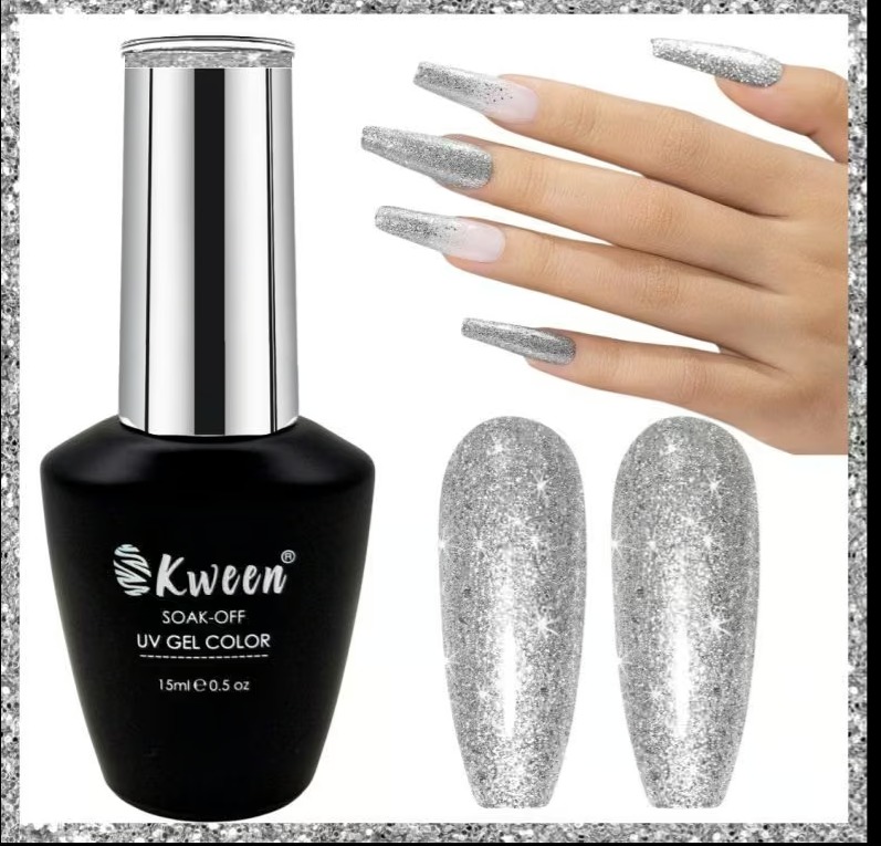 KWEEN Glitter Silver Sparkle Shiny Color 10ml Soak Off UV LED Long-Lasting Nail Gel Polish For Nail Art
