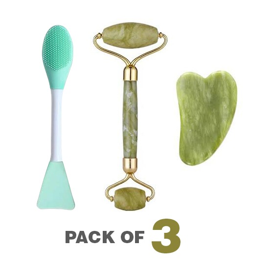 (Pack of 3) Jade Roller, Gua Sha & 2 in 1 Mask Brush and Massage Brush
