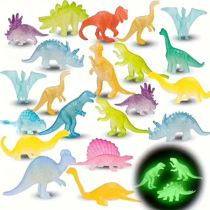 6 / 12 / 24 Pcs - Luminous Glowing Dinosaur - Realistic Tiny Character Wild Animal Safari Kingdom Toy - Fluorescent Glow In Dark - Mini Rubber Animals Action Figure World Jungle Zoo Toys Set Big Animal For Kids Boys Girls