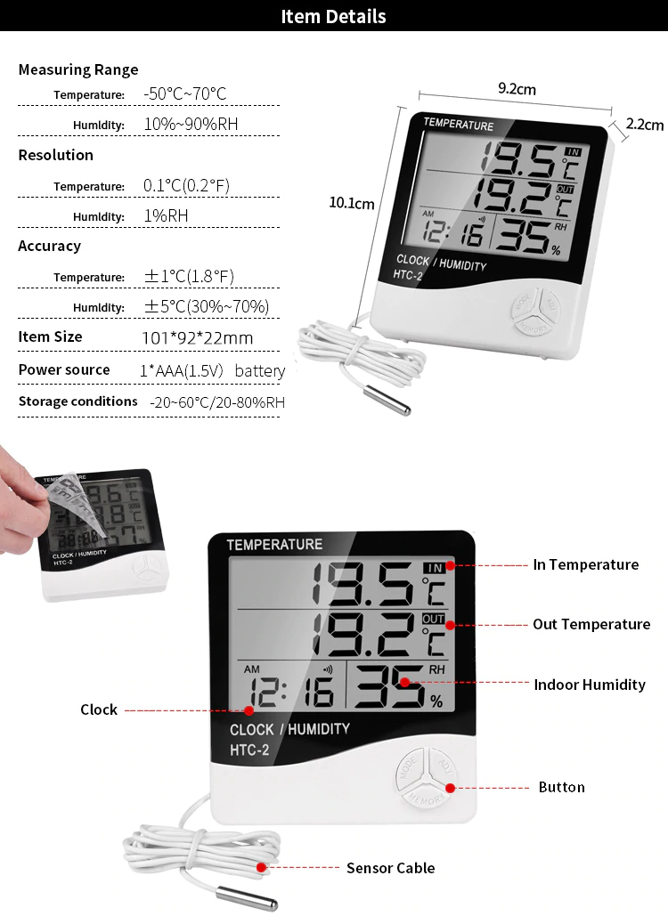 HTC2 Digital LCD Thermometer Hygrometer Temperature Humidity Meter Smartways Security