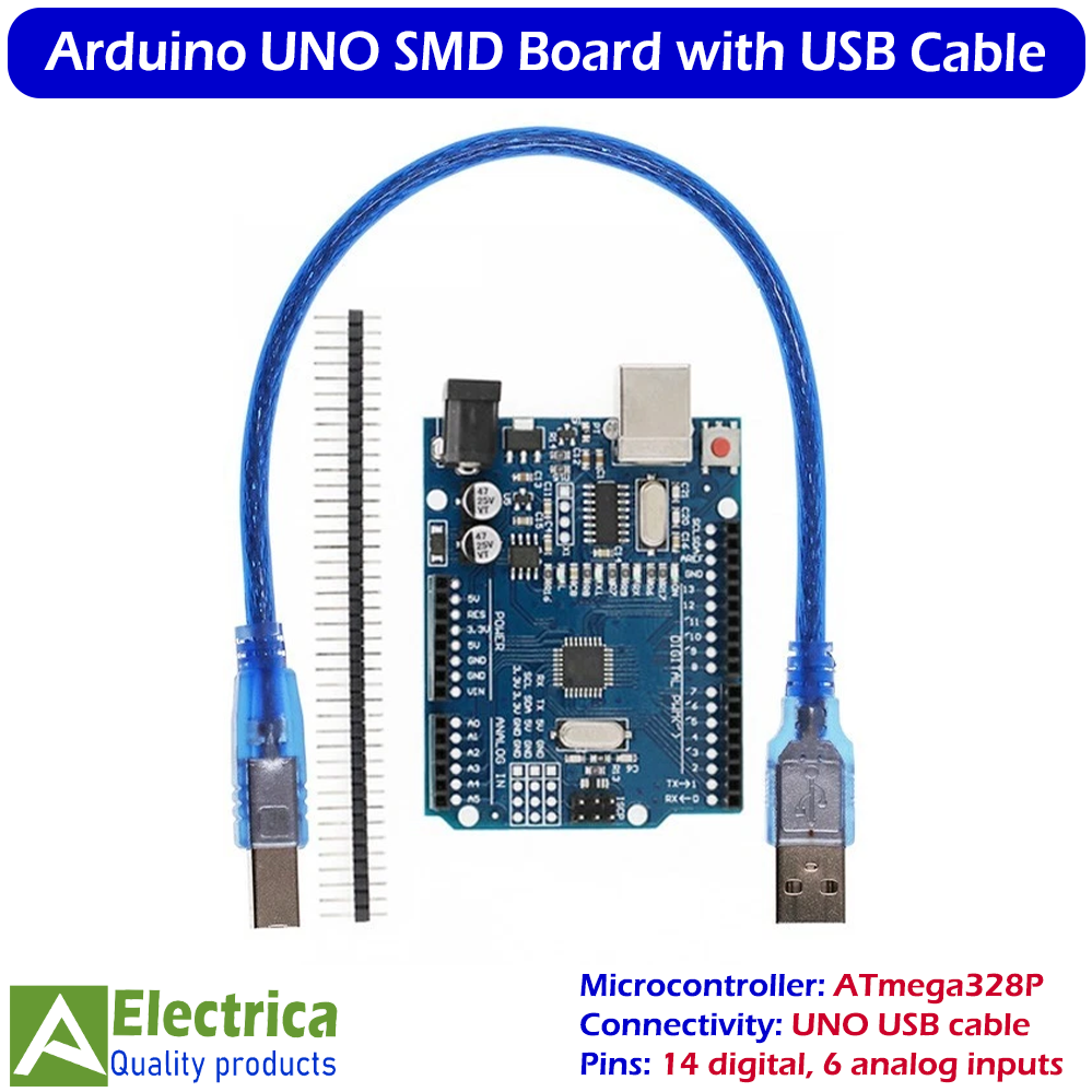 Arduino UNO R3 SMD Edition with USB Cable | ATmega328P Microcontroller Development Board for Robotics, IoT & DIY Projects by Electrica