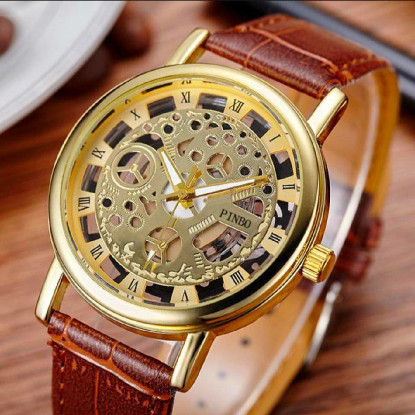 Leather Skeleton Watch for Men Boys-TW002| High-Quality Double-Sided Glass Wristwatch for Men & Boys