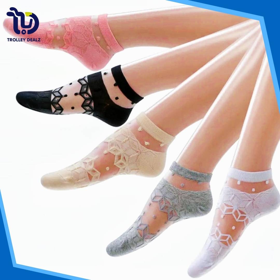 Pack of 5 - Comfortable Breathable Ankle Socks for Woman Soft Sport Short Ladies Socks Fancy Ladies Net Silk Anti-Slip Socks For Girls Korean Style Ladies Socks Fancy Low Cut Socks For Women .