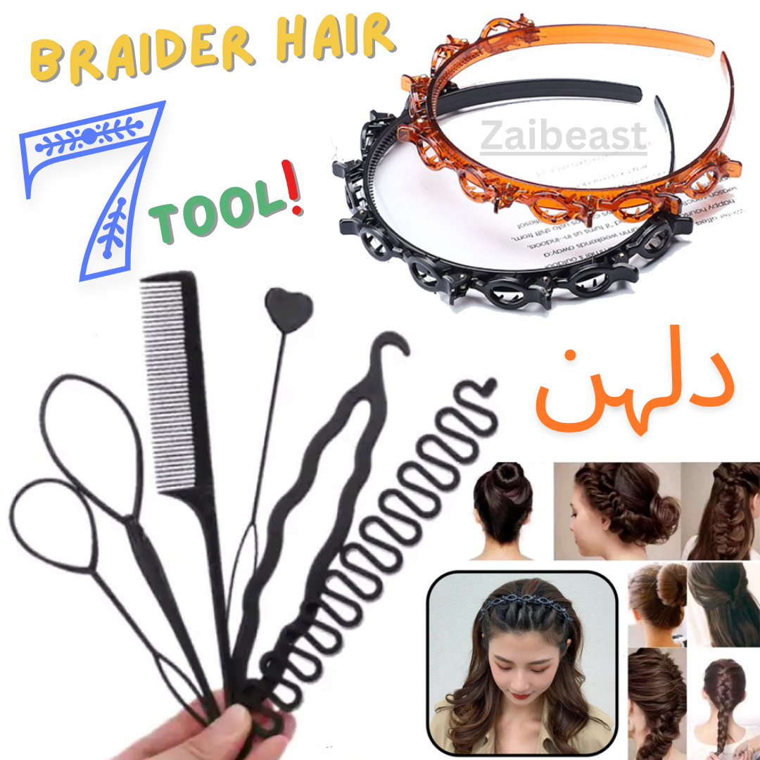 PACK Of 7 ,Black Braider Hair Style twister hair band headband Double Bangs Hairstyle Hairpin, Braids Tools with Zig Zag Pony Tail Makers Professional Braids Tools Hair Styling Kits For Women Girls Hair Accessories
