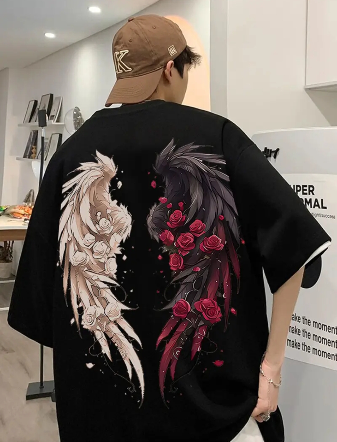 Angel/devil printed drop shoulder tshirt for men soft and comfortable febric