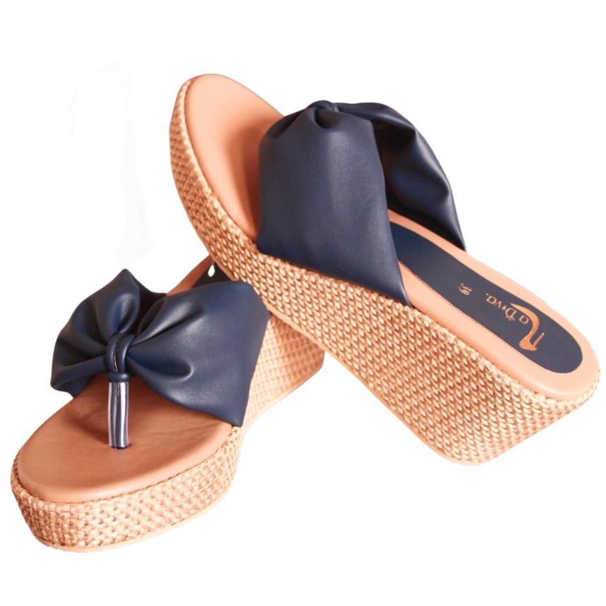 Blue Wedge Sandals with leather butterfly top classic and elegant style for Formal and Casual Footwear by La Diva Shoes