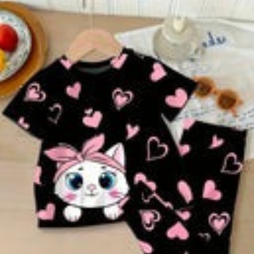 Black Kitty With Pink Hearts Print Kids Night Suit