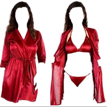 Memon Online Women 3 Piece Nighty Sleepwear Silk Satin Night Dress Lingerie Set With Robe Short Gown Ladies