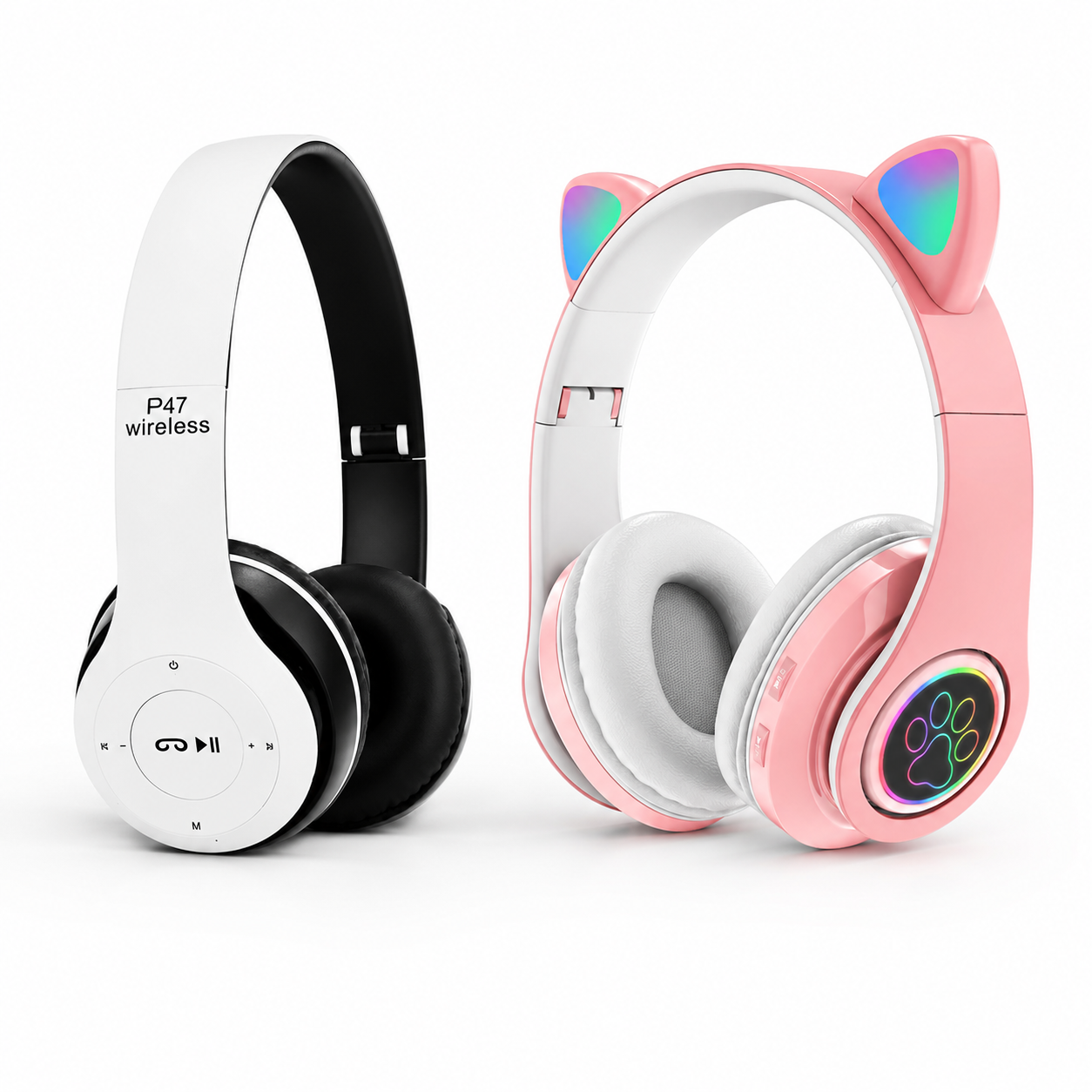Cat Headphone / P47 Ear Wireless Bluetooth Headphones - Glowing LED Light-Up Foldable Headset for Kids and Adults