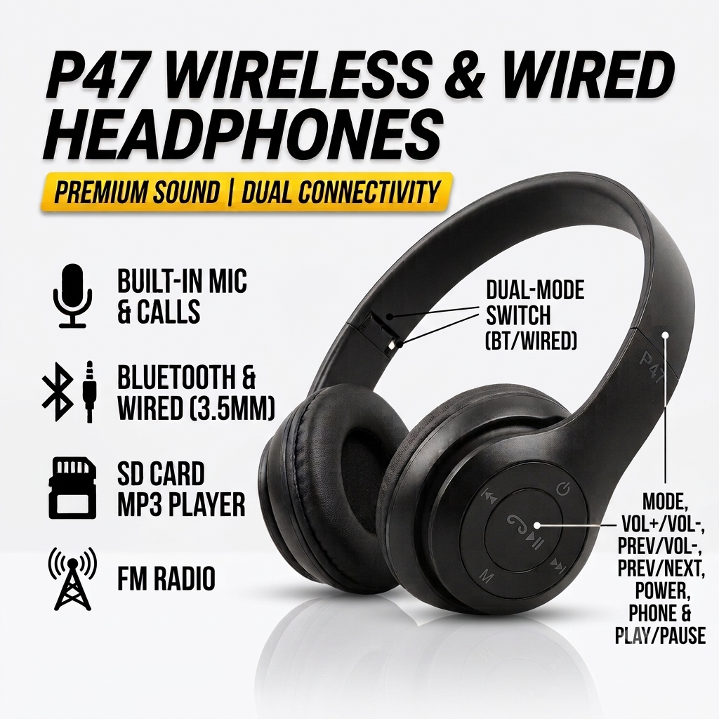P47 Wireless Bluetooth Foldable Headphones with Built-in Microphone for calls, FM Radio, SD card Support for PC, TV, Smartphones, Tablets