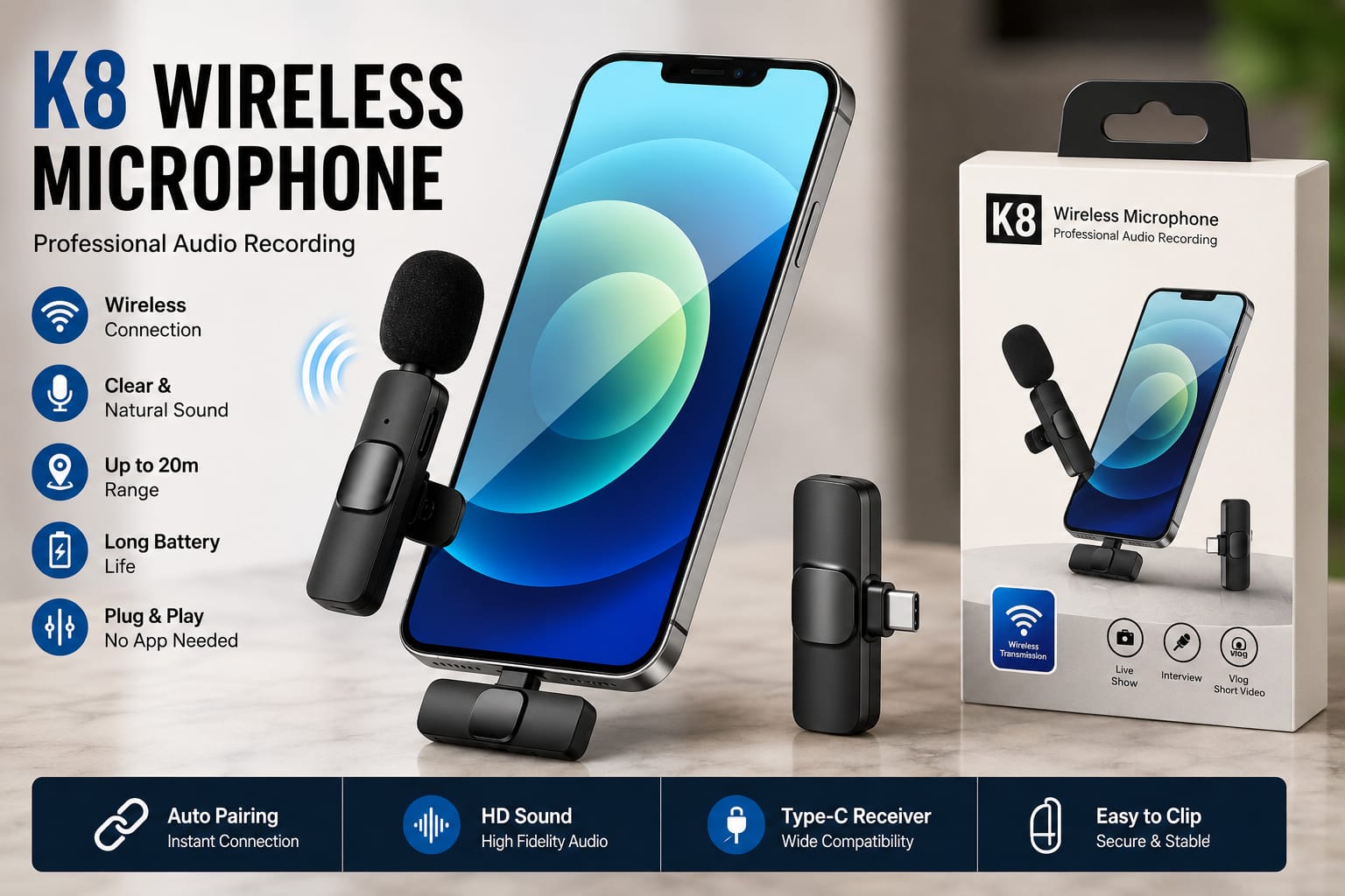 K8 Wireless Lavalier Microphone Type-C | Mini Clip-On Mic for Android Mobile | Noise Reduction | Vlogging, YouTube, TikTok, Interviews & Live Streaming
