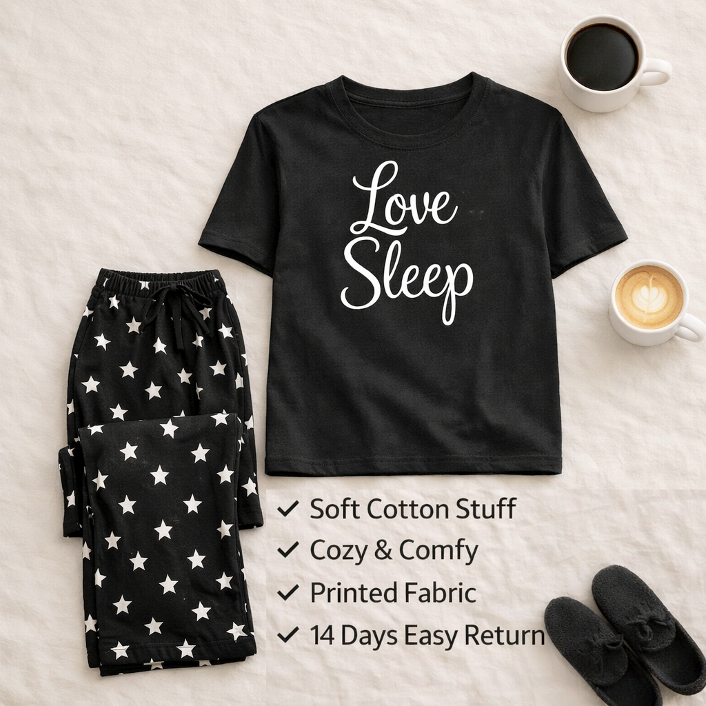 Love Sleep T-Shirt & Star Print Trouser Feel like Palazzo Nightwear Set for Women Girls & Kids Soft Cotton Jersey Summer Pajama, Sleepwear & Loungewear Suit, Night Dress Style Breathable Relax Fit T-Shirt Pajama Set (S-XL | 7-14 Years) Siddiqui's Store 01 price in Pakistan