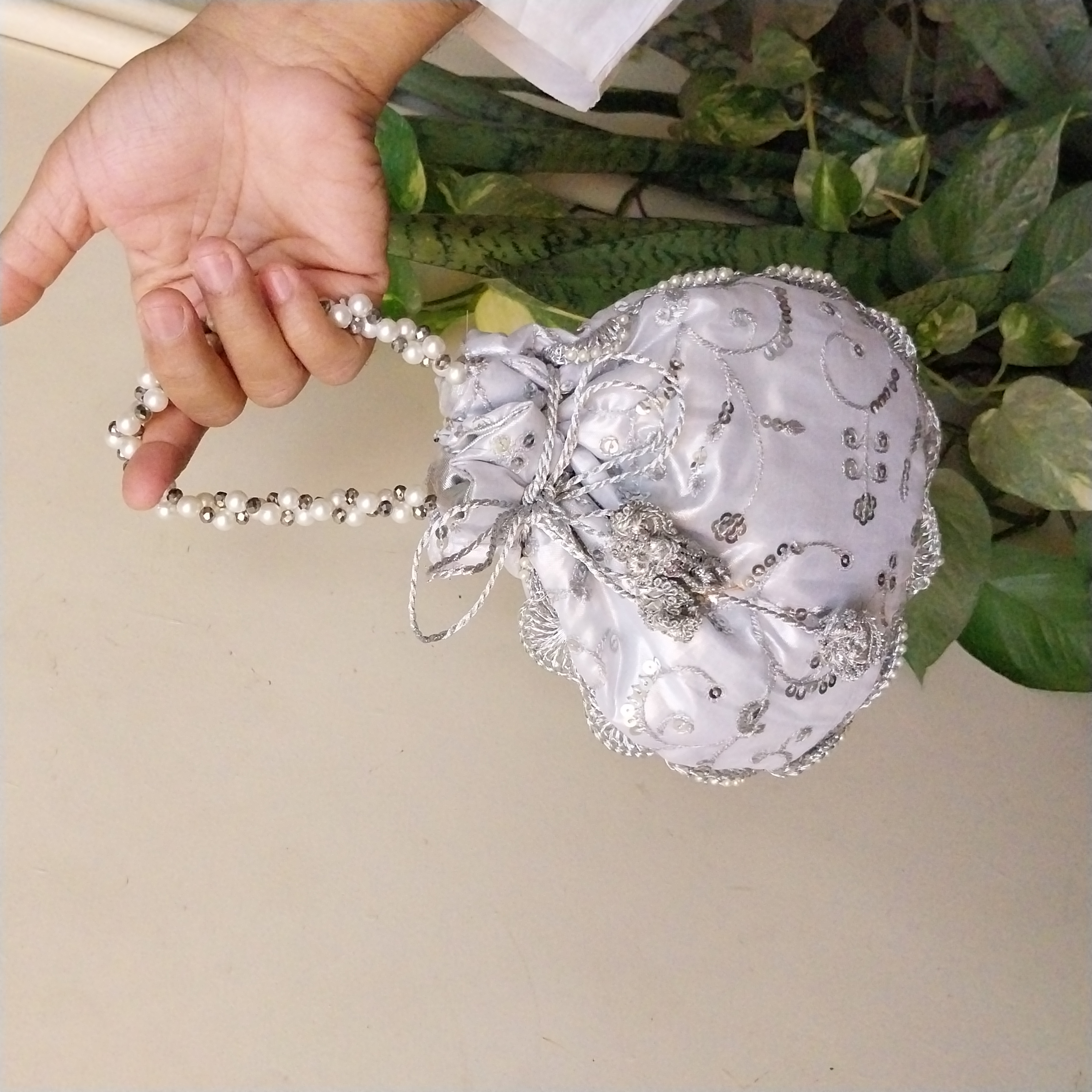 Embroidered Potli Clutch Bag with Pearl Handle for Party Wear