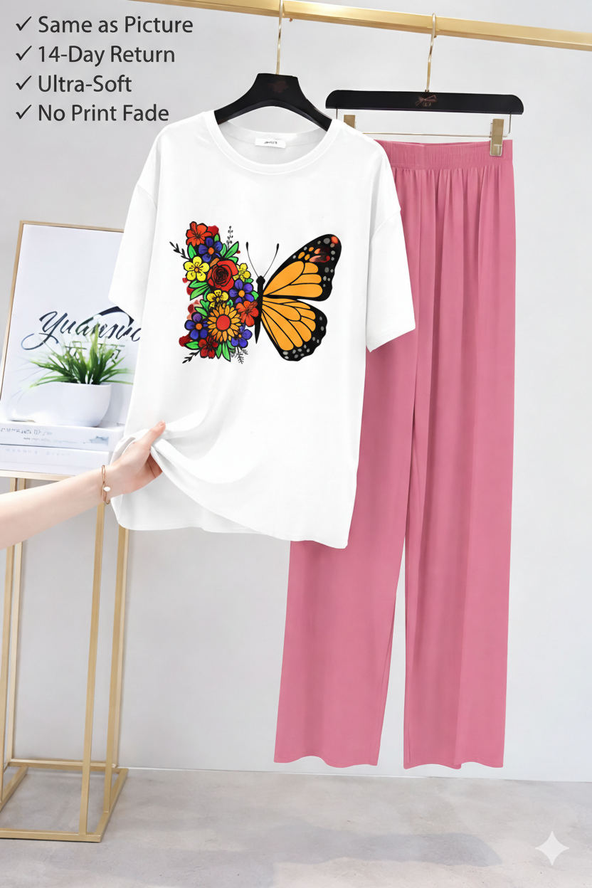 Summer Cotton Jersey Nighty Set for Women & Girls – Butterfly Printed T-Shirt & Pink Trouser Night Suit – Soft Breathable Home, Sleep & Lounge Wear (Women S–XL | Kids 7–14 Years) price in Pakistan