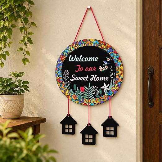 Welcome To Our Sweet Home Wooden Wall Hanging – Colorful Mandala Decorative Sign with Hanging House Charms – Perfect Home Décor Gift – Decorating Items – Decorating Items For Home – Home Decoration Items – Home Décor – Wall Decoration