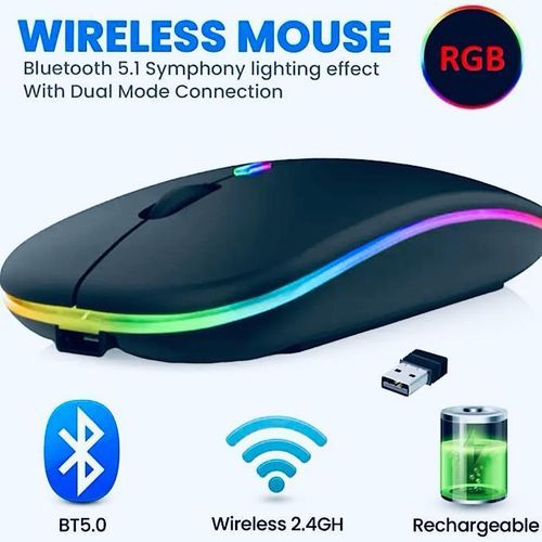 LED Wireless Mouse, Slim Rechargeable Silent Bluetooth Mouse, Portable USB Optical 2.4G Wireless Bluetooth Two Mode Computer Mice with USB Receiver and Type C Adapter (Black) price in Pakistan