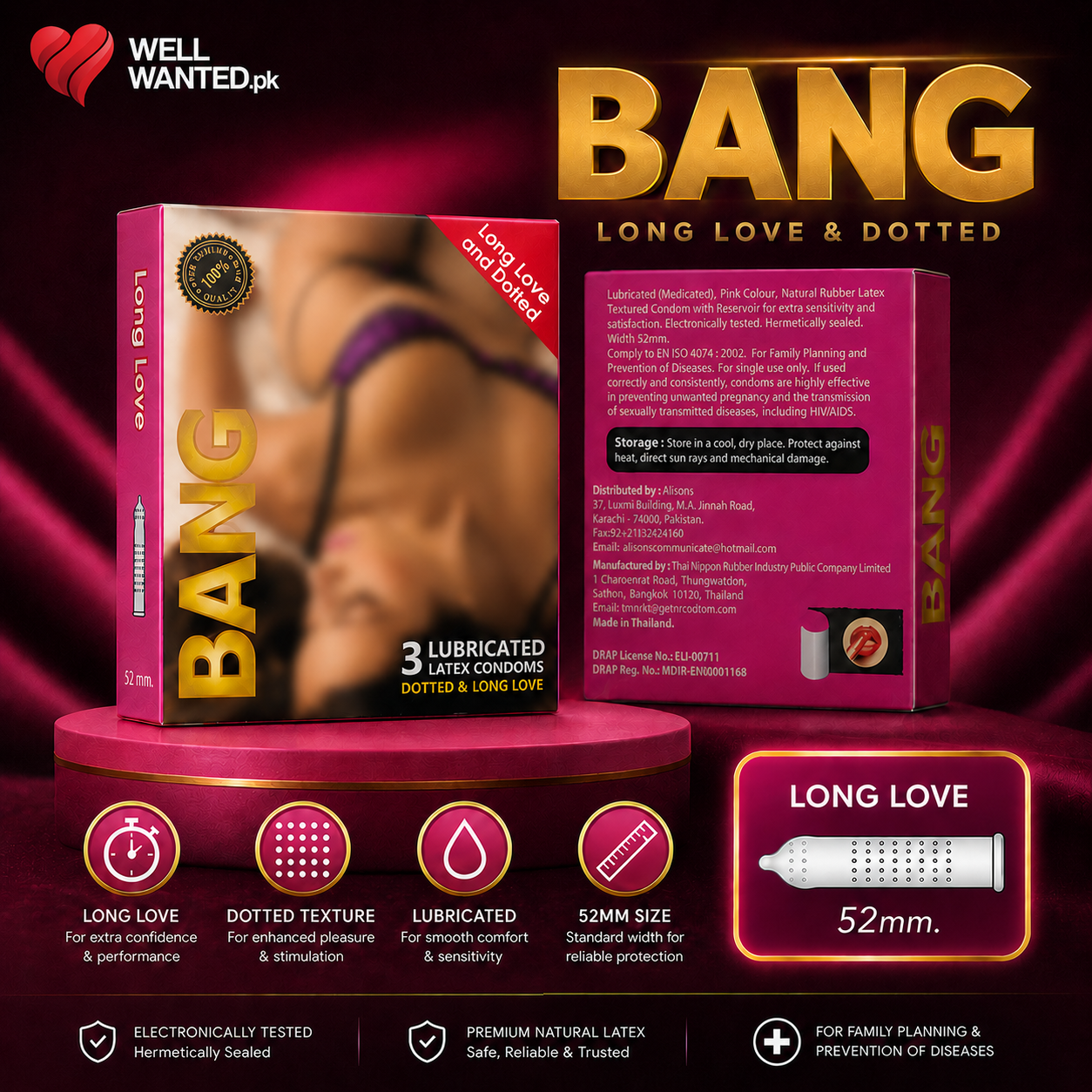 Bang Pink Dotted Condoms 52mm - 3 Pieces